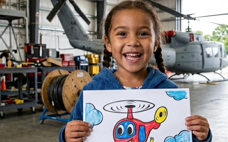A child holding a World Helicopter Day drawing at an event