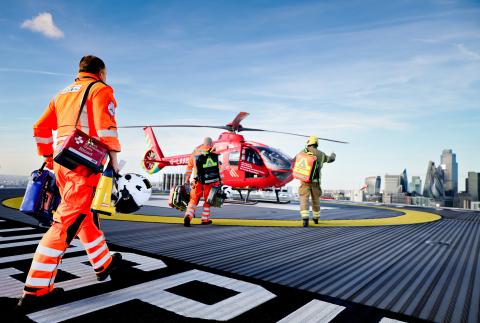 London Air Ambulance helicopter crew at a World Helicopter Day event